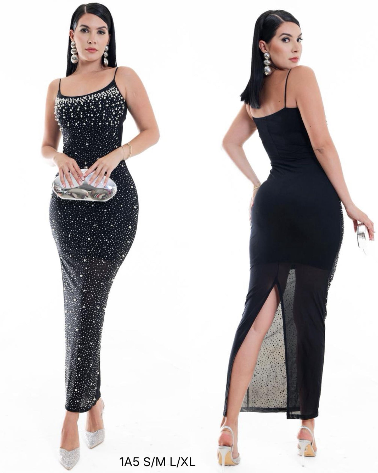 Vestido Largo Negro con Brillos y Abertura Lateral