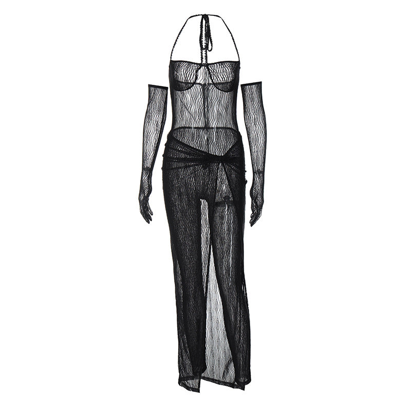Conjunto de dos piezas de falda con abertura delgada, mono transparente sin tirantes