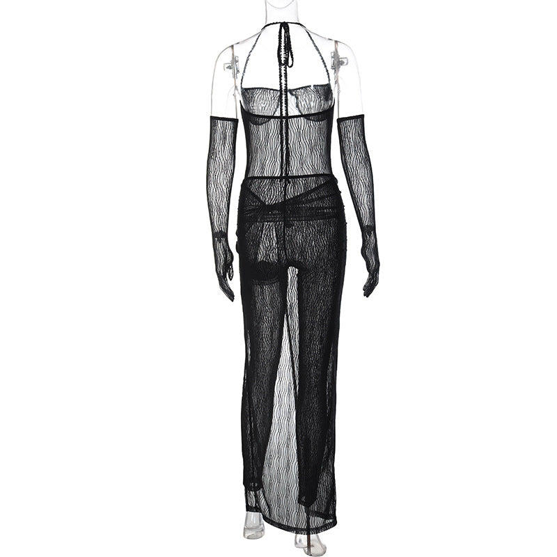 Conjunto de dos piezas de falda con abertura delgada, mono transparente sin tirantes