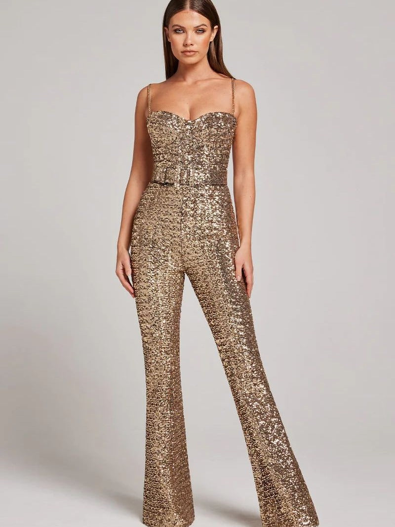 Mono de lentejuelas con cinturón de cadena sexy de moda de primavera