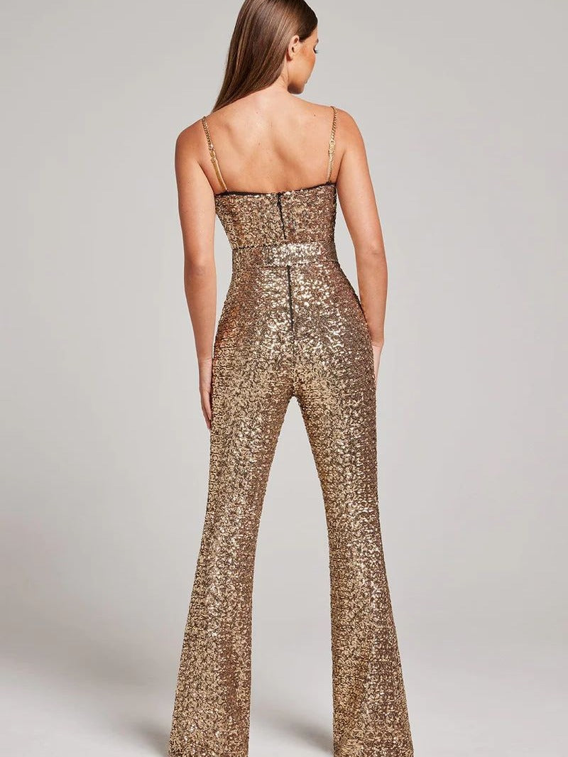 Mono de lentejuelas con cinturón de cadena sexy de moda de primavera