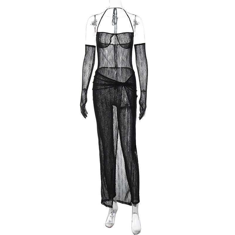 Conjunto de dos piezas de falda con abertura delgada, mono transparente sin tirantes