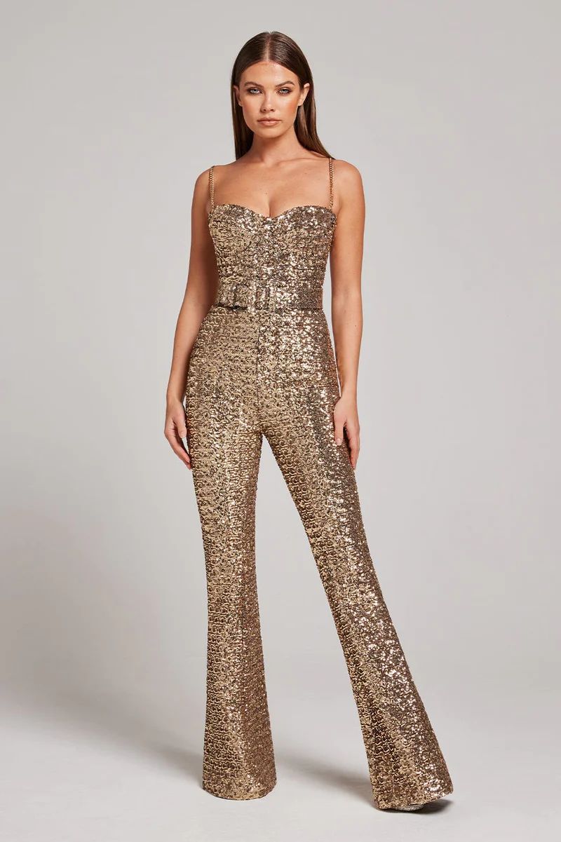 Mono de lentejuelas con cinturón de cadena sexy de moda de primavera
